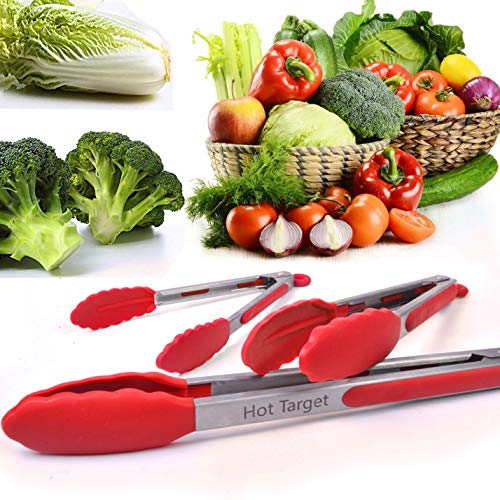 Hot Target Set of 3-7, 9, 12 inches, Red Color, Heavy Duty, Non-Stick, Stainless Steel Silicone BBQ and Kitchen Tongs. Heat resistant up to 600°F (3 COLORS AVAILABLE)