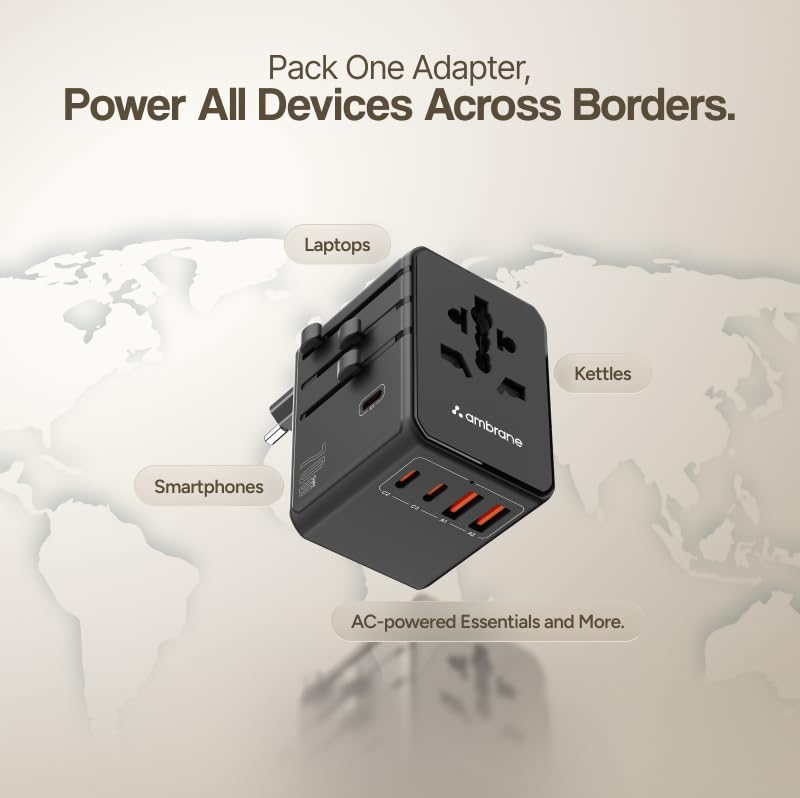 Image of Ambrane 70W Universal Charger Adapter, 3 Type C, 2 USB Ports, Macbooks & Other Type C Laptop Charging, Fast Charging iPhone & All Mobiles, International Worldwide Travel Adapter (ATA-05,Black)