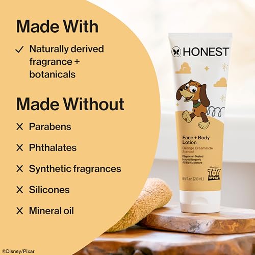 Image of The Honest Company Moisturizing Face + Body Lotion, Fast Absorbing, Dermatologist Tested, Hypoallergenic, Disney and Pixar's Toy Story, Orange Creamsicle
