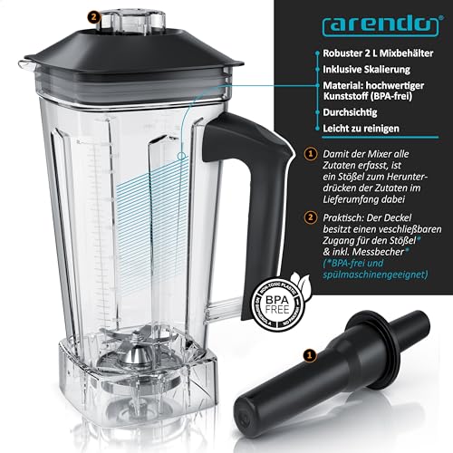 Arendo - Standmixer 2000 Watt mit Touchpanel - Hochleitungsmixer - 2L - 9 Geschwindigkeitsstufen – max. 24.000 U/min - Pulsfunktion – Timer – 5 Programme – Mixer mit Display – 6 Messer aus Edelstahl – Bild 5
