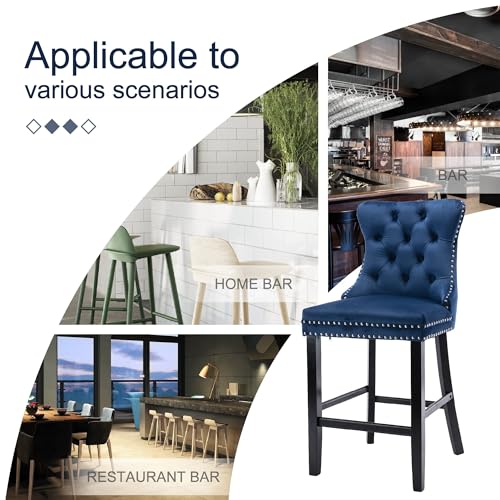 Image of Virabit Counter Height Bar Stools Set of 4, 27 inch Farmhouse Barstools with Button Back and Nailhead Trim, Velvet Bar Stools with Kitchen Island, Pub (Blue)