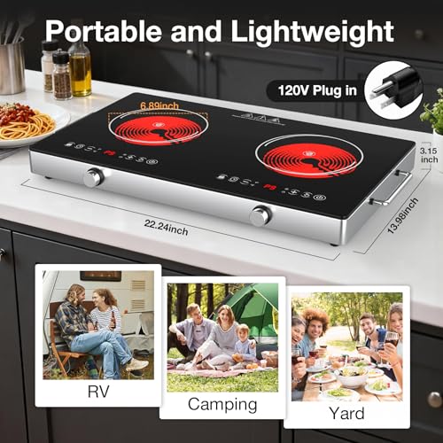 Image of 2 Burner Electric Cooktop 110V, 4000W Portable Electric Stove Infrared Hot Plate, 24 inch Countertop Burners with Handle, 3-Hours Timing Setting & Kid Safety Lock, Compatible for All Cookwares