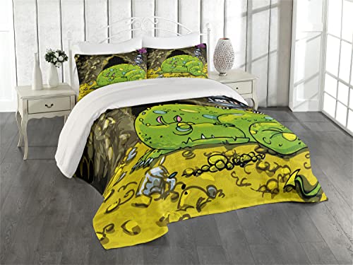 Ambesonne Dragon Coverlet, Creature Sleeping on a Pile of Gold and Scared Knight Peering Over Cartoon, 3 Piece Decorative Quilted Bedspread Set with 2 Pillow Shams, Queen Size, Charcoal Black
