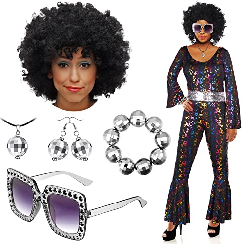 Hillban 6 Pcs 70s Women's Disco Costume Set Lady Disco accessories Afro