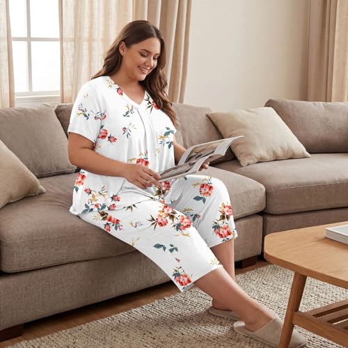 Image of Bestbee Women's Pajama Sets 2 Piece Lounge Outfits Summer Sleepwear V Neck Short Sleeve Capri Pant With Pockets Ladies Pjs