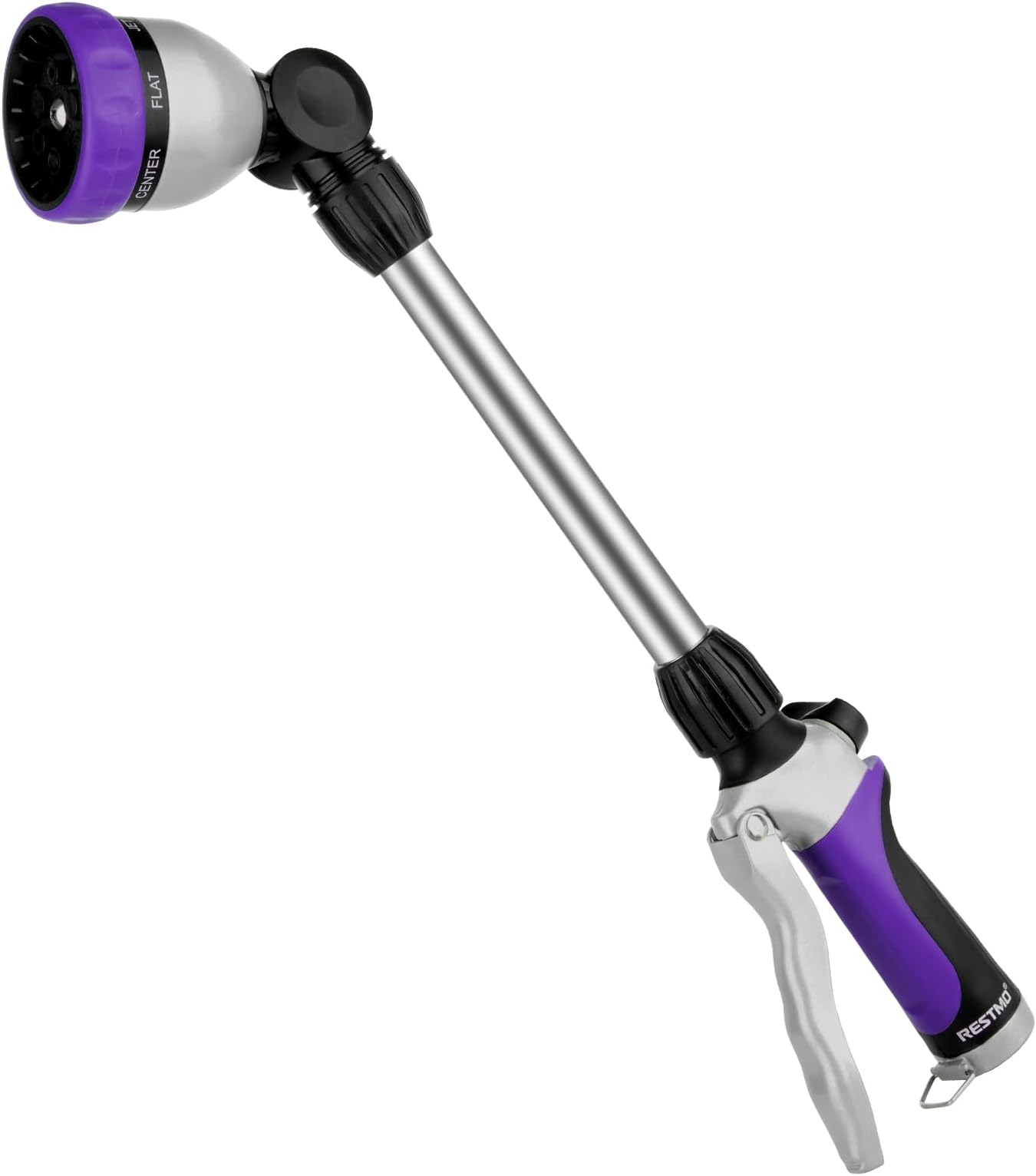 RESTMO Metal Watering Wand, Heavy Duty Garden Hose Wand with 180° Swivel Ratcheting Head, 16'' Hose Nozzle Sprayer with 7 Spray Patterns and Flow Control, for Water Hanging Baskets and Shrubs, Purple