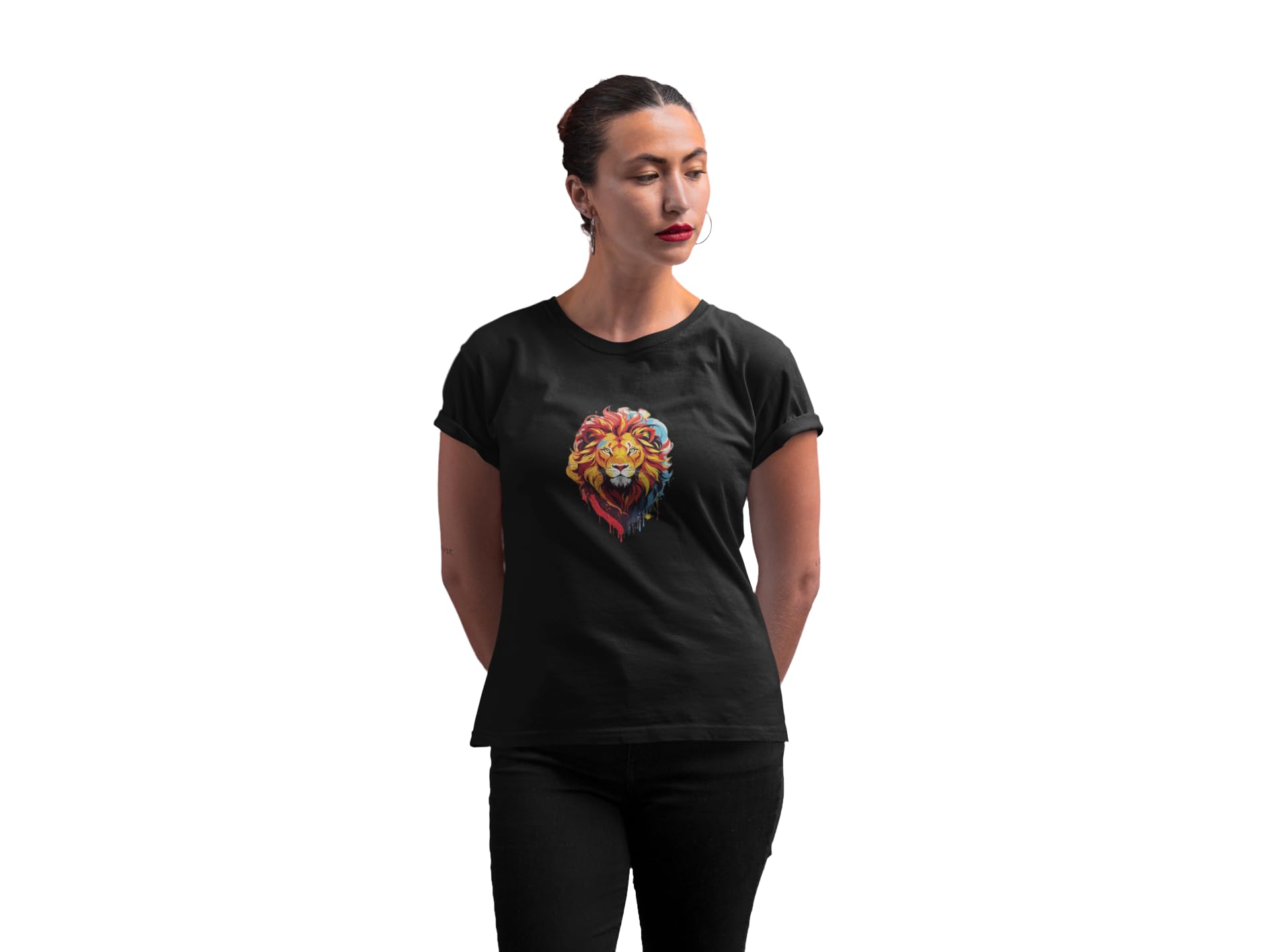 UNDO GEARS Colorful Lion Head line Art Womens Shortsleeve Black T-Shirt