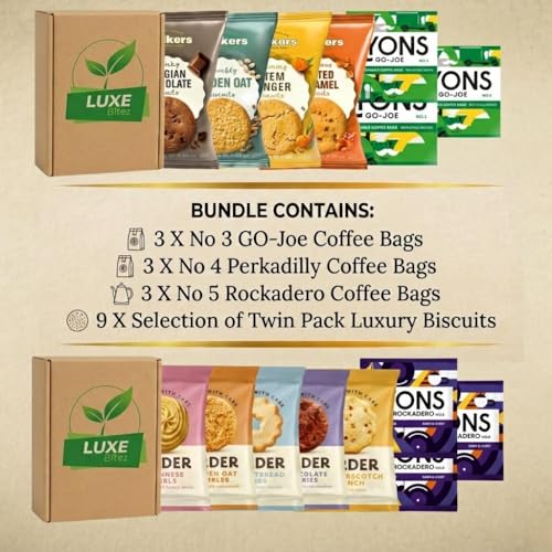 Luxury Gift Set - Diverse Coffee Bags Bundle with Assorted Twin Pack Biscuit Sachets in 9 Flavours (Stem Ginger, Salted Caramel) - 18 Packs | Compatible with Lyons Coffee Bags by Luxe Bitez - Image 2