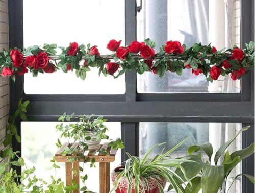 Image of VRB Dec 1 Pcs Artificial Flower Vine Garlands Hanging Artificial Flowers for Decoration Roses Garland (6 ft Long) Flowers Silk Roses for Wedding Decorations Diwali /Ganpati /Christmas. (Red), 10 cm