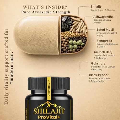 Image of Shilajit Pro Vital+ Capsules for MEN | Supports Stamina & Performance | 100% Pure Shilajeet | With 6 Powerful Herbs (includes Ashwagandha, Gokshura, Safed Musli) | Contains Essential Vitamins & Minerals | Extra Strength 800 mg Formula | 60 Capsules (1 month supply)