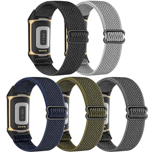 Folavii 5 Pack Stretchy Nylon Compatible with Fitbit Charge 6 Bands/Fitbit Charge 5 Bands for Women Men, Elastic Adjustable Straps Sport Replacement Wristbands for Fitbit Charge 5/6 Watch