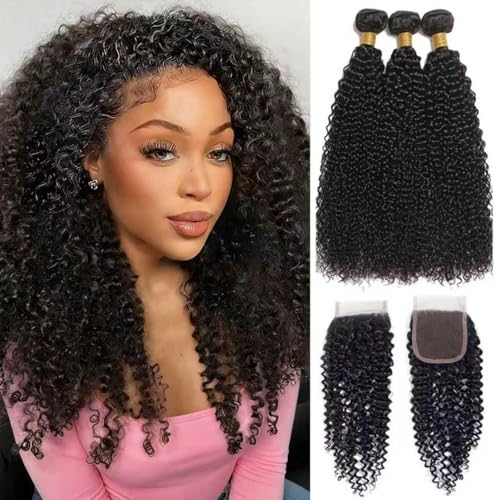 Human Hair Bundles with Closure Kinky Curly 14 16 18+12 Inch 4x4 Lace Closure 100% Unprocessed Brazilian Virgin Hair Extensions 3 Bundles with Free Part Closure Human Hair Natural Black
