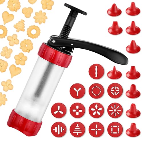 Image of Cookie Press Set, Churro Maker with 12 Discs and 10 Cake Decorating Tips, Cookie Press for Biscuit and Churro, Red
