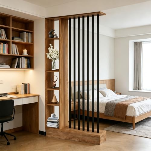 Room Divider with Shelves Wall Room Divider with Storage Shelf Easy to Assemble Suitable for Home and Office Decoration (A Golden Oak + Black 39.4in)