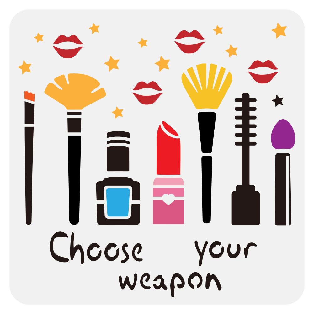 FINGERINSPIRE Choose Your Weapon Stencil for Painting 30x30cm Reusable Cosmetic Brush Template Cosmetic Lipsticks Nail Polish Stencil Lip Stars Pattern Words Template for DIY Crafts Project