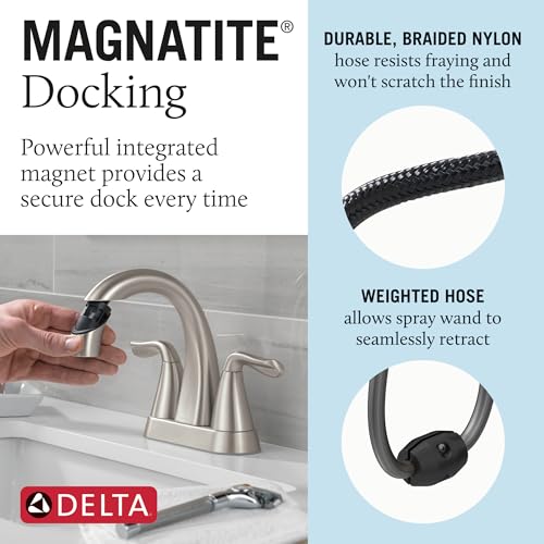 Delta Arvo Centerset Brushed Nickel Bathroom Faucet with Sprayer, 4 Inch 3 Hole Bathroom Sink Faucet with Pull Out Sprayer, Push-Pop Drain, SpotShield Brushed Nickel 25840LF-SPPD by DELTA - Image 3