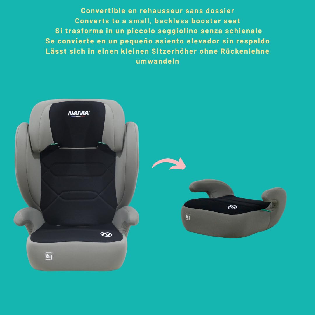 NANIA Siège auto enfant Isofix Bogota 2 EN 1 I-size 100-150 cm-Groupe 2/3- environ 4-12 ans -Rehausseur siège auto enfant avec Protection Latérale - Appui-tête Réglable- Fixation Isofix ou ceinture