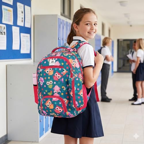 Image of SBCOLLECTION Girls' School Backpack, Owl Print, 32L, with Pencil Pouch, Padded Shoulder Straps, Water Bottle Pocket