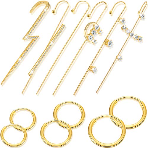 12 Pieces Hoop Earrings Cartilage Earring Ear Cuff Wrap Crawler Hook Earrings Classic 8 mm 10 mm and 12 mm Nose Lip Rings Jewelry Earrings Set for Women