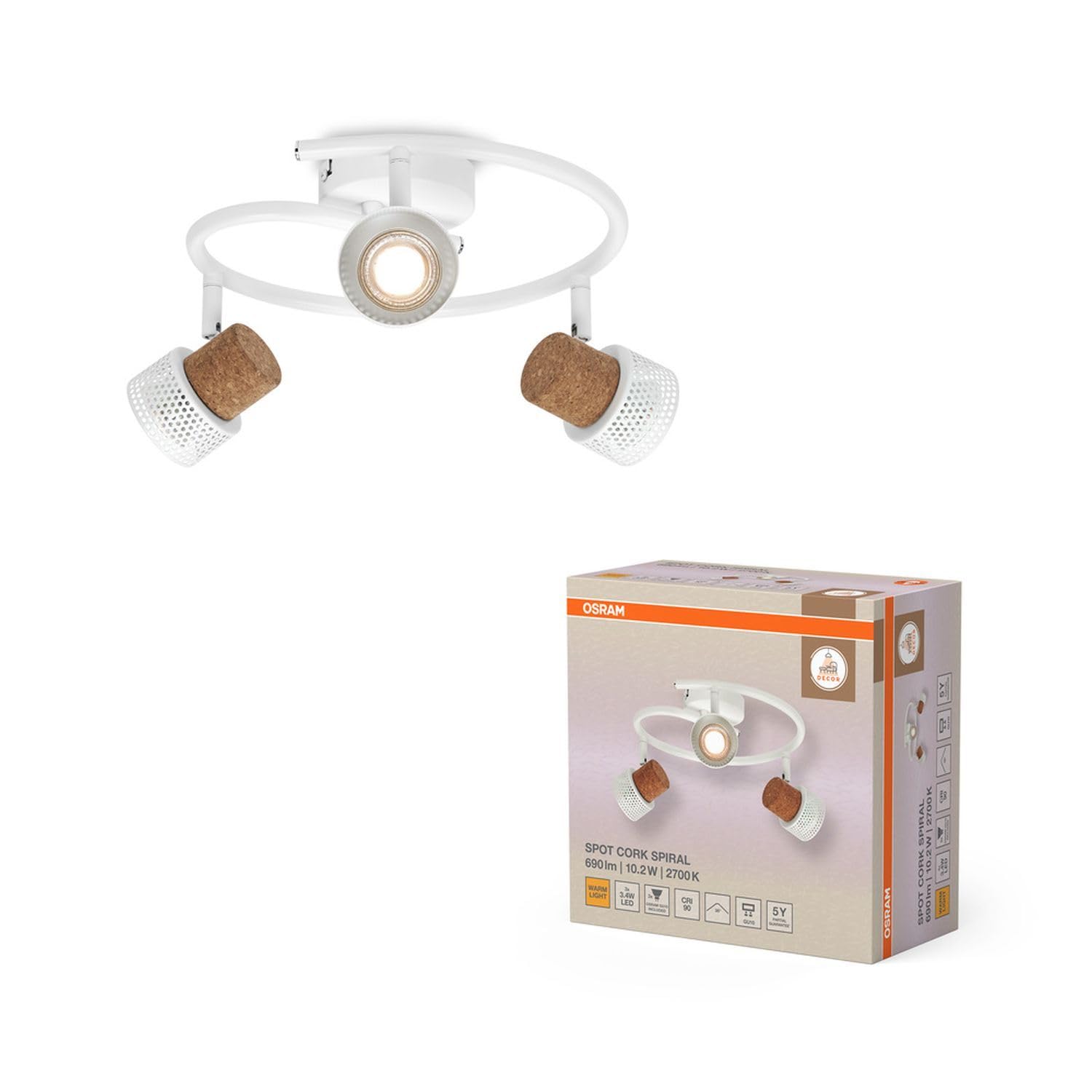 Osram DECOR SPOT CORK Spirale, 3 x 3,4 W, 690 lm, bianco, faretto, teste regolabili, versatili, faretto interno, lampadine LED intercambiabili, dimmerabili, luce bianca calda, GU10