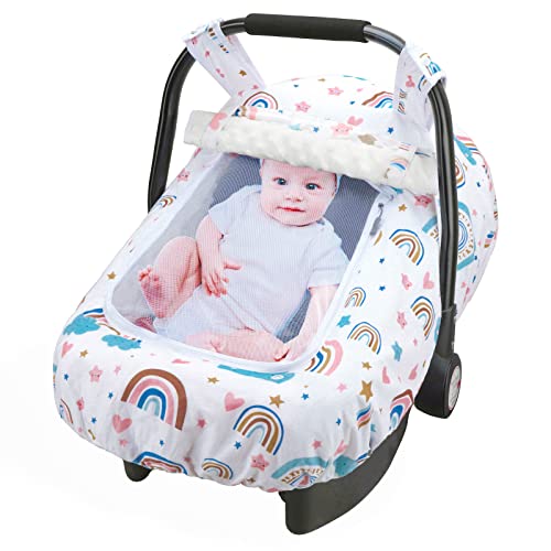 Image of Baby Car Seat Cover - Rainbow Infant Carseat Canopy with Peep Windows and Breathable Mesh, Stretchy Car Seat Covers for Boys Girls Fit All Baby Carrier, Shower Gift for Newborn