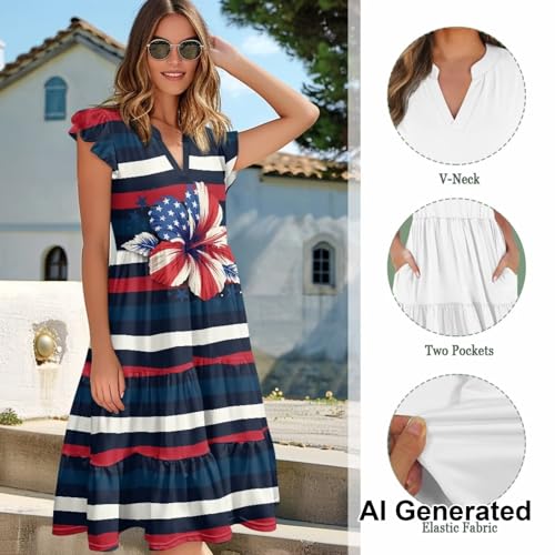 Image of Womens Summer Dress Ruffle Sleeve V Neck Dress Casual Fit Flowy Beach Vacation Sundress with Pocket S-2XL