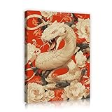 ホワイトドラゴンと牡丹のキャンバスは、オフィスのバスルームリビングルームの寝室の準備ができて吊り下げ70x84cmのインナーフレームのための画像オリエンタルスタイルの壁のアート装飾を印刷します