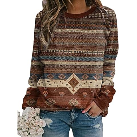 Bengbobar Western Sweatshirts for Women Native American Aztec Pullover Long Sleeve Crewneck Geometric Crewneck Sweatshirt Western Ethnic Shirt XL Deep Brown Aztec Cover