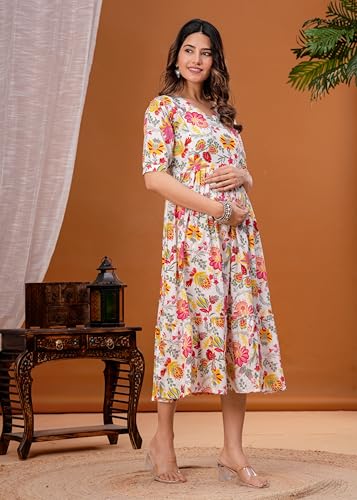 Image of Women's Feeding Kurta Cotton | Floral Anarkali Pregnancy Kurta with Nursing Zipper | Pre & Post Partum | Maternity Dresses | Mom to Be Gift