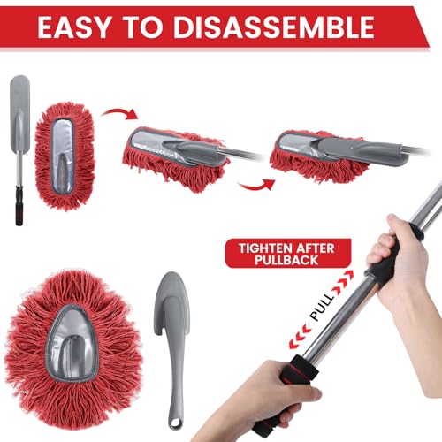 IPELY 2 Pack Large Car Duster Exterior Scratch Free with Extendable Handle and Car Duster Interior, Wax Cotton Hair Dusters (Red) by IPELY - Image 6