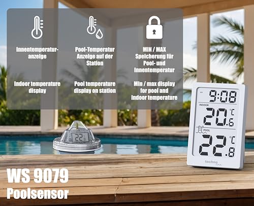 techno line WS9079 digitales Funk - Poolthermometer mit Station, misst Wassertemperatur und überträgt die Daten via Funk auf die Station, Station misst zusätzlich die Innentemperatur