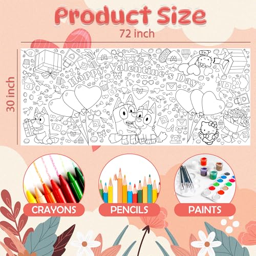 Image of Valentines Giant Coloring Tablecloth,Valentines Day Crafts for Kids - 72x30 Inches, Paper Coloring Banner Games Activities Gifts Party Decorations