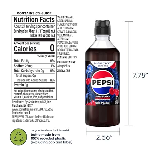 Image of Sodastream MTN Dew Code Red Zero, Mug Root Zero, Pepsi Zero & pepsi Wild Cherry Zero New Pour Bottle, Variety Pack 440ml (Pack of 4)