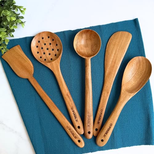 Image of FiABLE Pure Neem Wood Spatula Set for Cooking, Frying & Serving | No Polish | Naturally Antimicrobial & Non Stick - Flip & Serve Set of 5