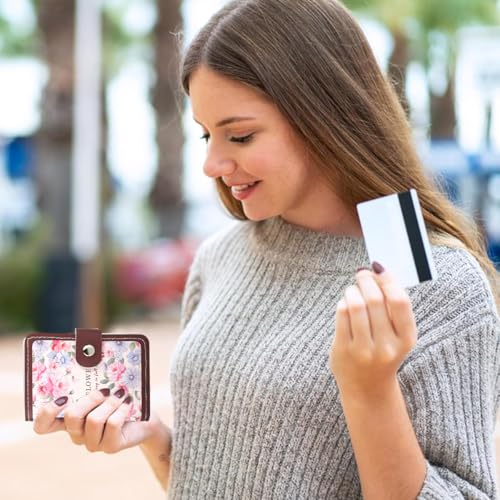 Image of PALAY Card Holder Brown PU Leather Credit Card Holder with 20 Transparent Card Pockets Painting Floral Printed Mini Wallet Mother's Day Birthday Gift for Women