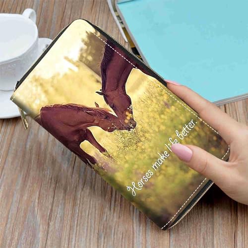 Women's Horses Make Life Better Print PU Leather Zipper Wallet, Large Capacity, Compact, Black3