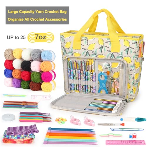 Image of Katech Crochet Bag with Beginner Crochet Books, Large Capacity Yarn Storage Organizer Crochet Tote Bag for Carry Projects Crochet Supplies Knitting Accessories, Yarn Storage Bag with Shoulder Strap