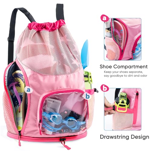 Drawstring Backpack Sandproof - Mesh Backpack Beach Bag with Shoe Compartment - Swim Bag for Beach, Pool - Pool Bag with Pockets for Toiletries - Wet Bag for Swimsuit - Summer Camp Essentials4