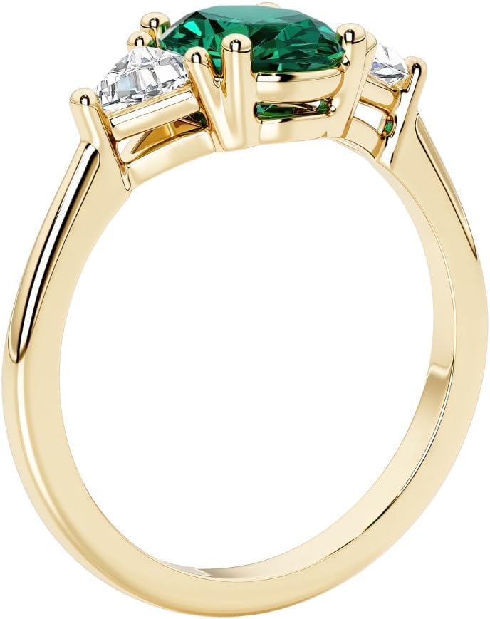 14K Solid White or Yellow Gold Oval Lab Grown Emerald and Trillion Diamond Three Stone Engagement Ring for Women, Anniversary, Birthday Gift, May Birthstone, w/Jewelry Box Sz 4-10