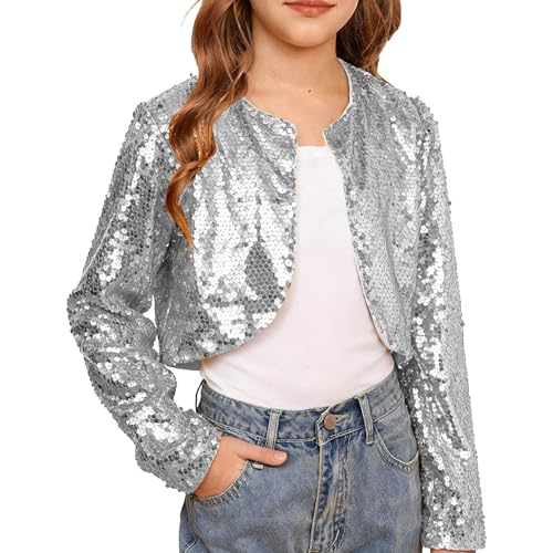 Girls Sequin Bolero Open Front Sparkly Crop Shrug Jacket Kids Long Sleeve B𝗹azer Cropped Top (Silver, 7-8 Years)