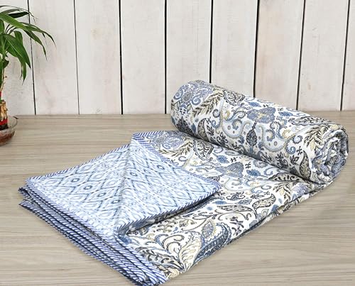 Image of Dohar Blanket Double Bed, Comforter Cotton, Quilt- Leafy Blue Grey