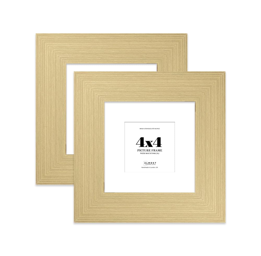 4x4" Gold Square Frame With Mount for 2x2" Pictures 28mm Edge Frame Display with Wall Hooks and Kickstand, 2 Pack