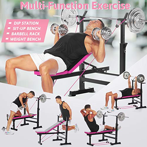 Folding Adjustable Weight Bench with Barbell Rack, Multi-Function Strength Training Adjustable Benches for Fitness Exercise and Strength Workout (Pink)