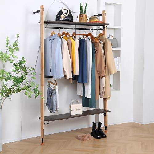 Houseables Wall Closet, Industrial Closet System, Industrial Pipe Clothing Rack, Wall Mounted Clothes Rack, Clothing Organizer, for Garment, Bedroom, Boutique, Retail Display, Real Wood, 83 x 50 Inch
