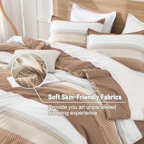 Litanika Beige California King Comforter Set, 3 Pieces Cal King Lightweight Taupe Khaki White Colorblock Stripe Bedding Comforter Sets, Fluffy Bed Set