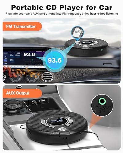 Greadio Portable Bluetooth CD Player with 2000mAh Rechargeable, Personal CD Player for Car with FM Transmitter/AUX, CD Discman Player with Headphone, 120s Anti-Skip, USB Port, Backlight (Black) - Thumbnail 3