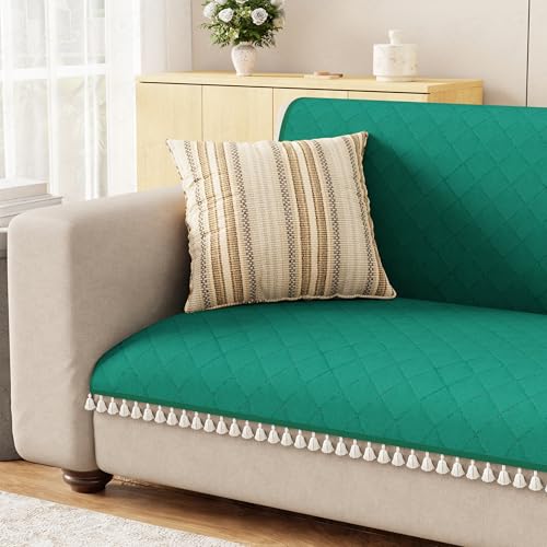 Image of Lukzer Quilted Sofa Cover Mat with Tassels for 2 Seater Sofa - Forest Green | Soft Washable Anti-Slip Protector for Living Room | Furniture Cover for Back-Seat Slipcover 120X150CM / SC-200-2T