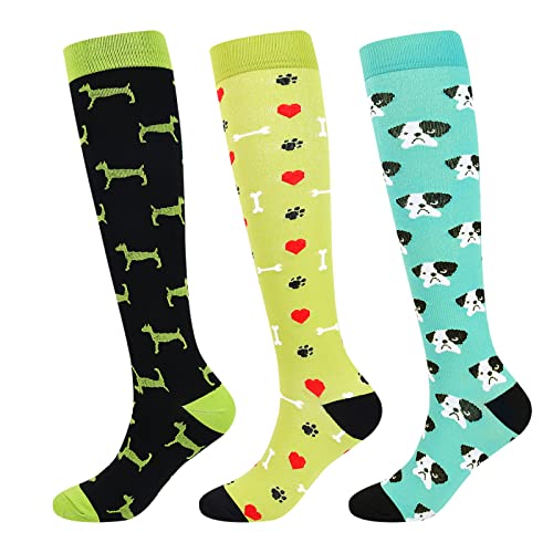 Junely Compression Socks for Women Dog Knee High Socks for Running Athletic Nurses Pregnant Women Work Support Travel Flight Sports Black Blue Green