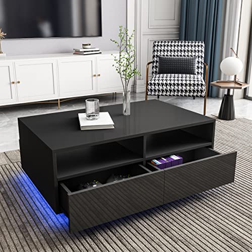 Woodyhome Led Coffee Tables For Living Room Black Coffee Table With Storage High Gloss Coffee Table With 16 Colors Led Lights 4 Drawer And Open Case Saving Space Center Modern Table Home Furniture #TOP3