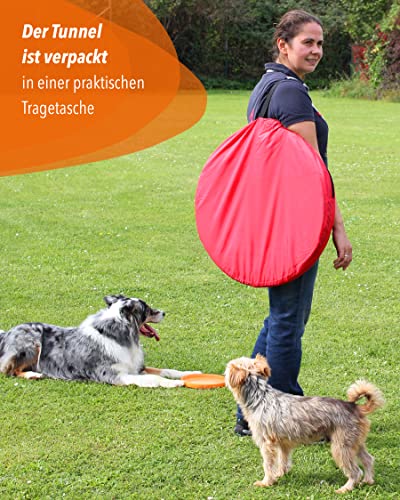 SPORTIKEL24 Agility Sacktunnel Rot – 3,80 m Länge, Ø 60 cm – Für Welpen & Anfängerhunde – mit Ösen, Heringen & Tragetasche – von Superhund